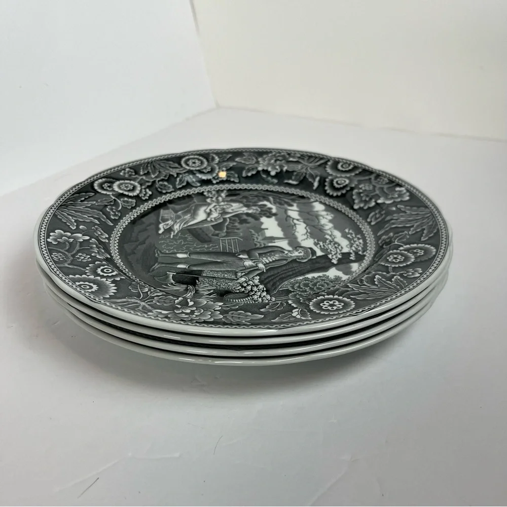 Spode Georgian Series Woodman 10” Dinner Plates Black S3480-W England Set of 4